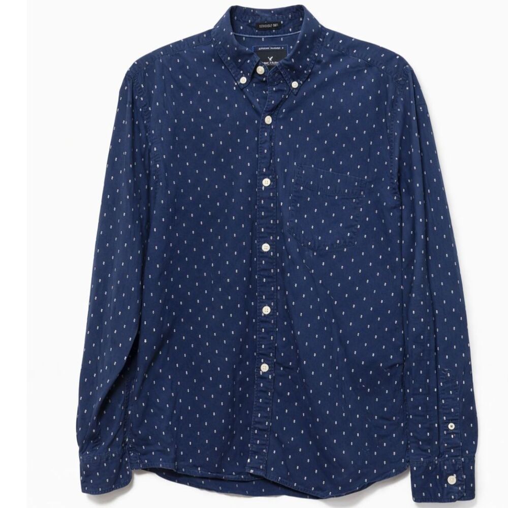 American Eagle Button Up Shirt Mens Large Blue Dot‎ Print Cotton Classic Soft